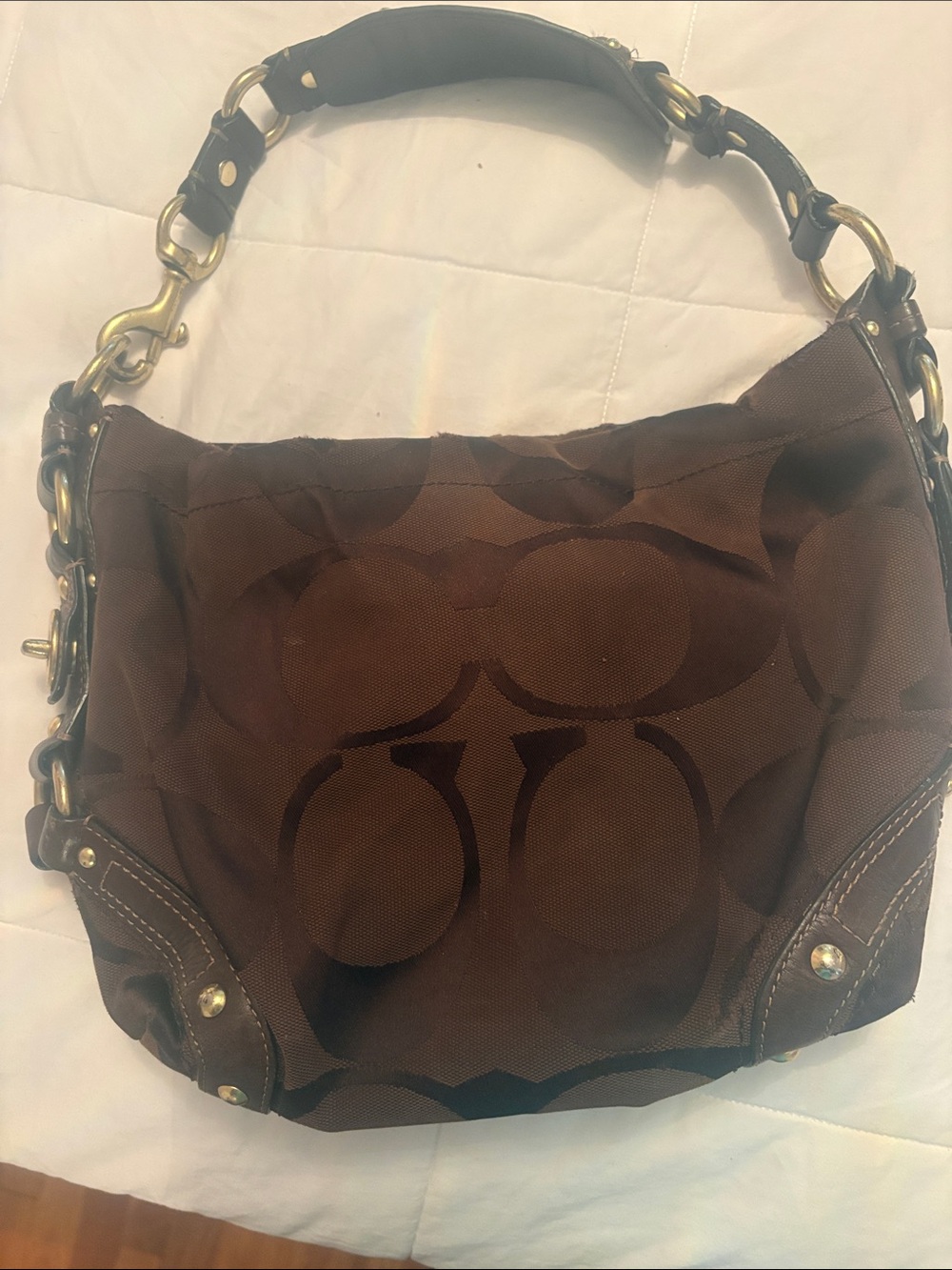 Rare Vintage Coach Dark Brown Signature Canvas Hobo Bag with Brass Hardware